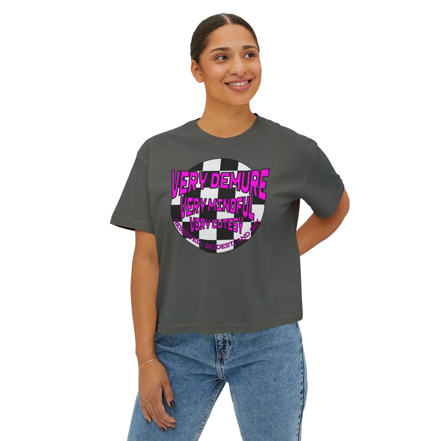 Pink Checker Boxy Tee, Cute Demure Mindful Crop T-Shirt for Women - Gift for Her, Pink Tee, Checker Pattern Shirt, Mindfulness Gift, Cute