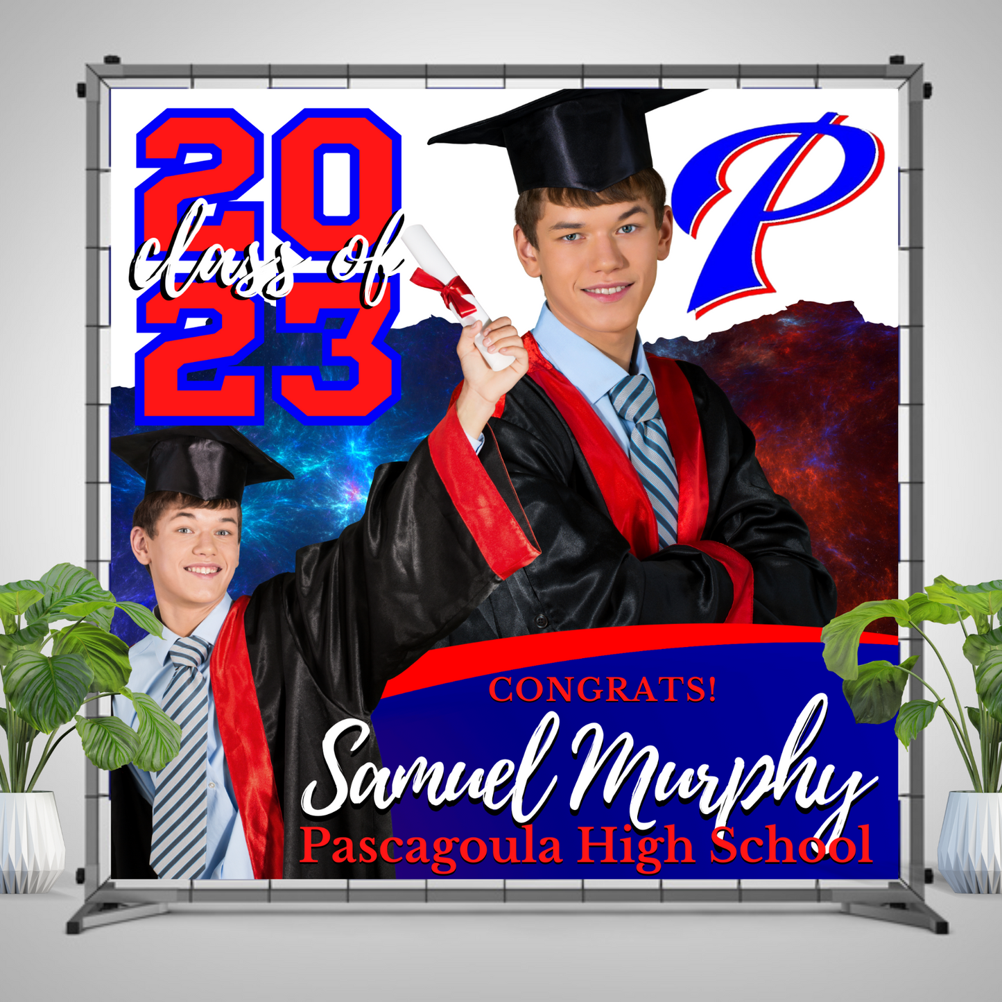 Graduation Vinyl Backdrop with Two Photos - RUSH or STANDARD Turnaround