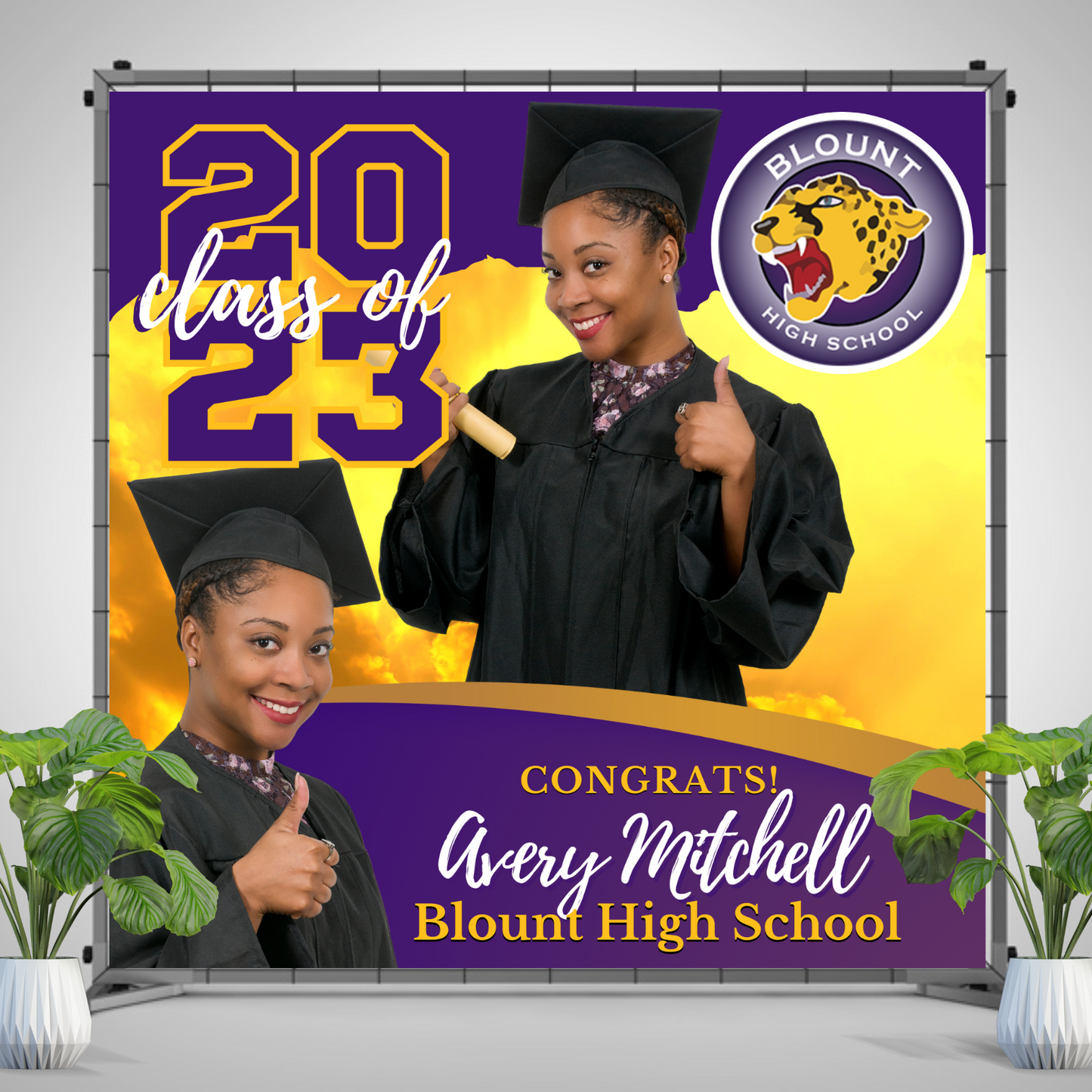 Graduation Vinyl Backdrop with Two Photos - RUSH or STANDARD Turnaround