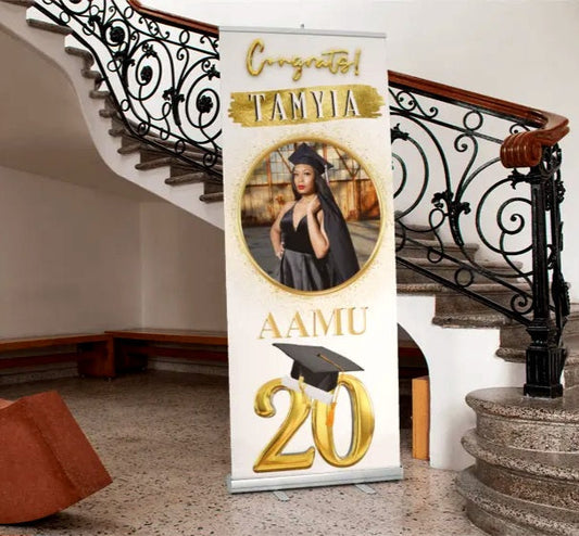 White and Gold Graduate Retractable Banner -33.5" x 78.7"